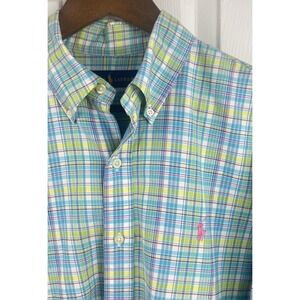 Ralph Lauren Shirt Mens Medium Green Blue Plaid Classic Button Down Pony Logo